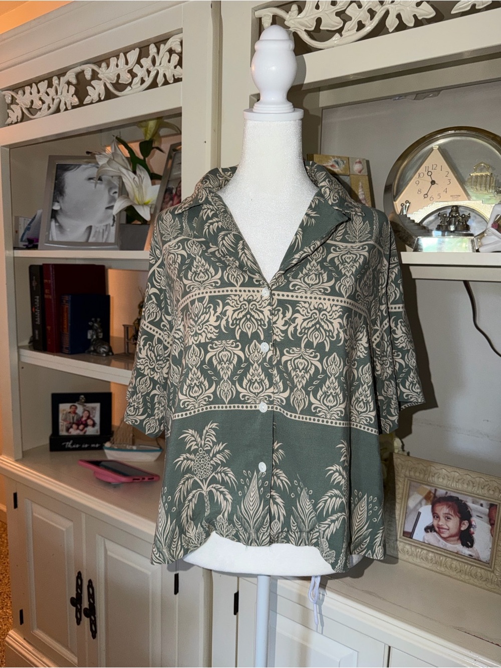Relaxed Olive Green yPrinted Button-Down Shirt
